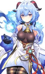 Rule 34 | 1girl, ahoge, armpit crease, bare shoulders, bell, black bodysuit, blue eyes, blue gloves, blush, bodysuit, breasts, breasts apart, chinese knot, closed mouth, commentary request, cowbell, curled horns, detached sleeves, energy ball, feet out of frame, fingernails, ganyu (genshin impact), genshin impact, gloves, goat horns, gold trim, head rest, highres, horns, large breasts, lips, long hair, looking at viewer, md5 mismatch, neck bell, orb, purple eyes, red horns, red rope, rope, sidelocks, simple background, smile, solo, standing, upper body, white background, wide sleeves, yuujin (yuzinn333)
