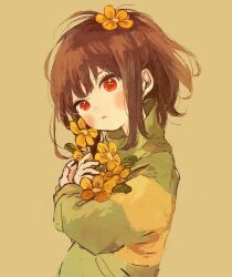 Rule 34 | 1other, blush, brown hair, chara (undertale), closed mouth, flower, green sweater, hair flower, hair ornament, hands up, highres, leaf, long sleeves, looking at viewer, orange flower, puffy long sleeves, puffy sleeves, red eyes, short hair, simple background, single stripe, solo, standing, striped clothes, striped sweater, sweater, turtleneck, turtleneck sweater, undertale, vvakipon, yellow background