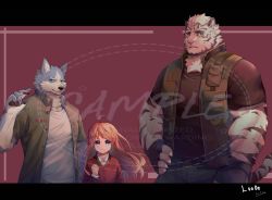 Rule 34 | 1girl, 2boys, absurdres, alternate costume, animal ears, animal hands, arknights, black shirt, character request, da luode, denim, furry, furry male, green jacket, hand on own hip, highres, jacket, jeans, large pectorals, mountain (arknights), multiple boys, muscular, muscular male, pants, pectorals, sample watermark, scar, scar across eye, scar on face, shirt, short hair, sleeveless, sleeveless jacket, tiger boy, tiger ears, watermark, white fur, white hair, white pants, wolf boy, wolf ears