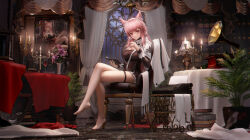 Rule 34 | 1girl, absurdres, alcohol, animal ears, arknights, barefoot, book, breasts, candle, candlestand, chair, cleavage, crossed legs, cup, drinking glass, feet, flower, hairband, highres, holding, holding notebook, lamp, ling dianxia, long hair, looking at viewer, medium breasts, notebook, open book, parted lips, phonograph, pink eyes, pink hair, plant, portrait (object), potted plant, pozyomka (arknights), pozyomka (snowy plains in words) (arknights), sitting, table, typewriter, wine, wine glass
