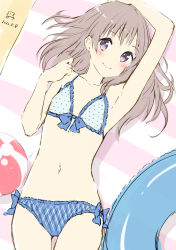 Rule 34 | 1girl, absurdres, arm above head, arm up, armpits, atelier (series), atelier totori, ball, beachball, bikini, blue bikini, blue bra, blush, bow, bow bikini, bow bra, bra, breasts, brown hair, closed mouth, collarbone, dated, dot nose, highres, innertube, long hair, looking at viewer, lying, minidraco, navel, on back, purple eyes, signature, small breasts, smile, solo, swim ring, swimsuit, thigh gap, totooria helmold, underwear