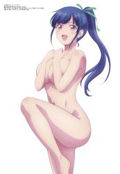 Rule 34 | 1girl, absurdres, blue hair, breast hold, breasts, covering privates, covering breasts, hair ribbon, highres, large breasts, long hair, megami magazine, megami no kafeterasu, navel, non-web source, nude, official art, ponytail, ribbon, seo kouji, smile, solo, thighs, tsuruga ami, white background