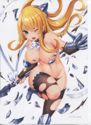Rule 34 | 1girl, armor, artbook, bikini armor, black panties, black thighhighs, blonde hair, blue eyes, blush, bow, bowtie, breasts, breasts out, convenient censoring, defeat, elina (queen&#039;s blade), elina (queen's blade), fang, gauntlets, greaves, headgear, highres, holding, holding weapon, large breasts, long hair, looking at viewer, navel, no bra, official art, one eye closed, open mouth, panties, polearm, queen&#039;s blade, queen&#039;s blade unlimited, queen&#039;s blade white triangle, scan, scan artifacts, shadow tracker elina, sidelocks, single gauntlet, solo, spear, thighhighs, torn clothes, torn panties, torn thighhighs, underwear, weapon