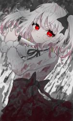 Rule 34 | 1girl, absurdres, black bow, black skirt, blood, blood on clothes, bow, closed mouth, commentary request, crying, crying with eyes open, ear piercing, hair between eyes, hair bow, highres, holding, holding knife, kayon (touzoku), knife, long hair, long sleeves, looking at viewer, multicolored hair, original, pentagram earrings, piercing, red eyes, red hair, shirt, skirt, solo, streaked hair, tears, two side up, white hair, white shirt