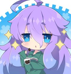 Rule 34 | 1girl, ahoge, blue eyes, blue hair, collared shirt, commentary request, food, fuyou-chan, gradient hair, green shirt, hair between eyes, highres, holding, long sleeves, milkpanda, multicolored hair, original, parted lips, purple hair, shirt, sleeves past fingers, sleeves past wrists, solo, sparkle, sparkling eyes, thick eyebrows