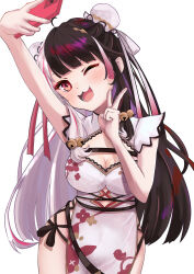 Rule 34 | 1girl, alternate costume, black hair, blush, breasts, cellphone, chinese clothes, cleavage cutout, clothing cutout, d gokoko, hair bun, large breasts, multicolored hair, nijisanji, one eye closed, open mouth, phone, red eyes, selfie, smile, two-tone hair, v, virtual youtuber, white background, white hair, yorumi rena