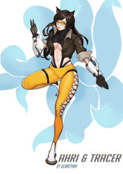 Rule 34 | 1girl, absurdres, adapted costume, ahri (league of legends), animal ears, artist name, bodysuit, bomber jacket, breasts, brown hair, brown jacket, character name, cosplay, cross-laced clothes, cross-laced legwear, crossover, facial mark, fox ears, fox tail, full body, gloves, goggles, gunhwi kim, highres, jacket, large breasts, league of legends, leather, leather jacket, long hair, looking at viewer, multiple tails, navel, orange bodysuit, overwatch, overwatch 1, pants, patch, red lips, shoes, signature, sleeves rolled up, smile, solo, standing, standing on one leg, tail, tight clothes, tight pants, tracer (overwatch), tracer (overwatch) (cosplay), underboob, v, vambraces, whisker markings, yellow eyes