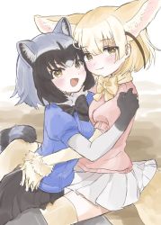 Rule 34 | 2girls, animal ears, black bow, black bowtie, black gloves, black hair, black skirt, blonde hair, blue sweater, blush, bow, bowtie, commentary request, common raccoon (kemono friends), extra ears, fang, fennec (kemono friends), fox ears, fox girl, fox tail, fur collar, fur trim, gloves, grey gloves, grey hair, grey legwear, highres, hug, kemono friends, looking at viewer, megumi 222, multicolored clothes, multicolored gloves, multicolored hair, multiple girls, open mouth, pantyhose, pink sweater, pleated skirt, puffy short sleeves, puffy sleeves, raccoon ears, raccoon girl, raccoon tail, short hair, short sleeves, sitting, sitting on lap, sitting on person, skirt, split mouth, sweater, tail, thighhighs, white fur, white hair, white skirt, yellow bow, yellow bowtie, yellow eyes, yellow gloves, yellow legwear, zettai ryouiki