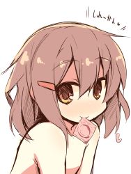Rule 34 | 10s, 1girl, blush, brown hair, condom, condom in mouth, hair ornament, hairclip, heart, highres, ikazuchi (kancolle), kantai collection, looking at viewer, mouth hold, nanateru, nude, orange eyes, renkonan, simple background, solo, white background