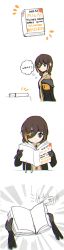 Rule 34 | 1girl, absurdres, angry, armband, bad id, bad pixiv id, black gloves, black hair, black jacket, book, braid, braided ponytail, brown hair, brown shirt, chromatic aberration, commentary request, crying, english text, expressionless, eyepatch, girls&#039; frontline, gloves, highres, holding, holding book, jacket, long hair, m16a1 (girls&#039; frontline), multicolored hair, multiple views, necktie, open clothes, open jacket, orange hair, scar, scar across eye, scar on face, shirt, speech bubble, streaked hair, xanax025
