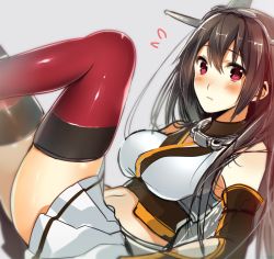 Rule 34 | 10s, 1girl, bad id, bad twitter id, black hair, blush, headgear, kantai collection, latex, legs up, long hair, looking at viewer, lying, nagato (kancolle), okia, on back, personification, red eyes, red thighhighs, solo, thighhighs