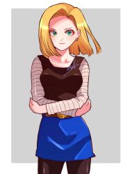 Rule 34 | 1girl, android 18, belt, black pantyhose, black shirt, blonde hair, blue eyes, blue skirt, closed mouth, cowboy shot, crossed arms, dragon ball, dragonball z, earrings, eyelashes, highres, jewelry, long sleeves, looking at viewer, nonoworks, pantyhose, shirt, short hair, signature, skirt, smile, solo, striped sleeves