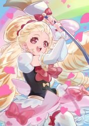 Rule 34 | 1girl, :d, absurdres, black vest, blonde hair, blue background, bow, bow legwear, cowboy shot, cure art, dress bow, drill hair, earrings, flower earrings, happinesscharge precure!, heart, highres, holding, holding paintbrush, international precure, jewelry, long hair, looking at viewer, magical girl, open mouth, oversized object, paintbrush, pink bow, pink eyes, pink skirt, pink wings, precure, puffy sleeves, rainbow, red bow, shipu (gassyumaron), skirt, smile, solo, thighhighs, vest, white arm warmers, white thighhighs, wings