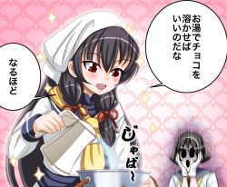 Rule 34 | 2girls, :d, adapted costume, alternate costume, black hair, blush, bow, chef, commentary request, fine art parody, gloves, hair bow, hair ribbon, hairband, head scarf, holding, isokaze (kancolle), kantai collection, long hair, multiple girls, open mouth, parody, red eyes, ribbon, school uniform, serafuku, short hair, smile, sparkle, tanikaze (kancolle), the scream, tk8d32, translation request, white gloves