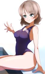 Rule 34 | 1girl, armpit crease, at alexandrite, blue eyes, blush, breasts, brown hair, cleavage, highres, looking at viewer, love live!, love live! sunshine!!, short hair, simple background, sitting, smile, solo, swimsuit, thighs, watanabe you, waving, wavy hair