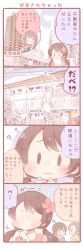 Rule 34 | 4girls, 4koma, ?, ^^^, blush, brown hair, building, closed eyes, comic, flower, hair flower, hair ornament, hairband, holding, holding paper, imagining, multiple girls, no eyes, original, own hands together, paper, saku usako (rabbit), short hair, skyscraper, translated, trembling, turn pale, twintails, wavy mouth, | |, || ||
