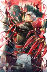 Rule 34 | 1boy, absurdres, croix dia doll, earrings, gauntlets, helmet, highres, jewelry, looking at viewer, male focus, multicolored hair, pixiv fantasia, pixiv fantasia age of starlight, red eyes, silver hair, standing, streaked hair, yorukage