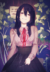 Rule 34 | 1girl, black hair, black skirt, breasts, closed mouth, collared shirt, commentary request, hair between eyes, head tilt, highres, kagawa yuusaku, long hair, looking at viewer, miniskirt, neck ribbon, original, pink shirt, plaid, plaid skirt, plant, red eyes, red ribbon, ribbon, shirt, shirt tucked in, sidelocks, signature, skirt, skirt hold, small breasts, smile, solo, unmoving pattern, upper body