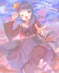 Rule 34 | 10s, 1girl, ;d, ankle lace-up, black hair, black pantyhose, blue hair, blue nails, blunt bangs, bun cover, character name, cloud, cloudy sky, cross-laced footwear, demon wings, hair bun, hand to forehead, happy birthday, highres, long hair, love live!, love live! school idol festival, love live! sunshine!!, nail polish, one eye closed, open mouth, pale color, pantyhose, pointing, purple eyes, see-through, shijimi kozou, side bun, single side bun, skirt, sky, smile, solo, tsushima yoshiko, wide sleeves, wings