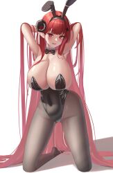 Rule 34 | 1girl, absurdres, animal ears, armpits, arms up, azur lane, bare shoulders, black bow, black bowtie, black horns, black leotard, black pantyhose, blush, bow, bowtie, breasts, cleavage, commentary request, covered erect nipples, curled horns, detached collar, fake animal ears, full body, hair ornament, hands in hair, highres, hindenburg (azur lane), hindenburg (delirious duel) (azur lane), horns, huge breasts, kneeling, leotard, long hair, mashiro03, official alternate costume, open mouth, pantyhose, playboy bunny, rabbit ears, red hair, simple background, smile, solo, thighs