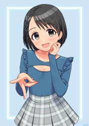 Rule 34 | black eyes, black hair, blue background, blue shirt, blush, braid, checkered clothes, checkered skirt, child, cleavage cutout, clothing cutout, collarbone, commentary request, flat chest, frilled shirt, frills, grey skirt, hair ornament, hairclip, hand on own face, hand up, highres, idolmaster, idolmaster cinderella girls, long sleeves, looking at viewer, open mouth, sasaki chie, shirt, short hair, simple background, skirt, smile, solo, v, wgm oekaki