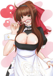 Rule 34 | 1girl, ahoge, apron, blush, bow, breasts, brown eyes, brown hair, cleavage, cleavage cutout, clothing cutout, dress, female focus, glasses, hair bow, hairband, heart, highres, large breasts, long hair, miyabi (miura105), original, red-framed eyewear, smile, solo, white background, wrist cuffs