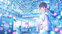 Rule 34 | 1girl, :d, animal, apron, blue flower, blue theme, blush, brown hair, bug, butterfly, checkered clothes, checkered kimono, commentary request, day, electric fan, flower, food, frilled apron, frilled sleeves, frills, hand up, highres, holding, holding tray, ikari (aor3507), indoors, insect, japanese clothes, kimono, long sleeves, looking at viewer, maid, open mouth, original, pink flower, purple eyes, shaved ice, smile, solo, sunlight, translation request, tray, unmoving pattern, wa maid, white apron, wide sleeves, window