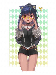 Rule 34 | 00s, 1girl, ^^^, adjusting eyewear, animal ears, argyle, argyle background, argyle clothes, belt, black hair, cat ears, character request, choker, collarbone, cropped legs, dark-skinned female, dark skin, dungeon and fighter, fang, frilled shirt, frills, glasses, gradient background, highres, long hair, looking at viewer, mage (dungeon and fighter), nellen, open mouth, red eyes, shirt, short shorts, shorts, solo, thigh gap, yellow-framed eyewear, yellow theme