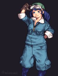 Rule 34 | 1girl, adjusting eyewear, backwards hat, blue eyes, blue hair, breasts, brown gloves, collarbone, contrapposto, dark background, envenomist (gengoroumaru), eyewear on head, feet out of frame, gloves, goggles, green hat, grey background, hair bobbles, hair ornament, hat, kawashiro nitori, key, looking at viewer, medium breasts, mouth hold, one-hour drawing challenge, pocket, simple background, sleeves rolled up, solo, toothpick, touhou, twintails, wing collar