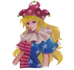 Rule 34 | 1girl, american flag dress, bad id, bad pixiv id, blonde hair, clownpiece, hat, jester cap, jeto (jetopyon), long hair, red eyes, red hat, simple background, solo, touhou, upper body