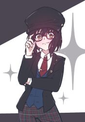 Rule 34 | 1other, adjusting eyewear, androgynous, black hair, black jacket, blush, closed mouth, collared shirt, commentary, cowboy shot, fate/grand order, fate (series), giorgio (yo sumire sola1), glasses, jacket, long sleeves, looking at viewer, necktie, open clothes, open jacket, red-framed eyewear, red necktie, shirt, short hair, simple background, smile, smug, sparkle, white background, white shirt, yamato takeru (fate), yamato takeru (second ascension) (fate)