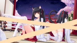 Rule 34 | 2girls, :o, all fours, allenes, azur lane, bamboo, black hair, blue eyes, blush, bow, brown eyes, censored, cherry blossoms, commentary request, flower, hair bow, hatsuharu (azur lane), japanese clothes, kadomatsu, katana, kimono, knees up, long hair, long sleeves, looking at viewer, looking back, multiple girls, night, night sky, no shoes, one side up, parted lips, pink flower, pleated skirt, red bow, red skirt, sheath, sheathed, sitting, skindentation, skirt, sky, soles, star (sky), starry sky, sword, thighhighs, tree, very long hair, weapon, white kimono, white legwear, wide sleeves, yuugure (azur lane)