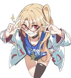 Rule 34 | 1girl, azur lane, bespectacled, black thighhighs, blonde hair, blue shirt, blush, breasts, bu4321, choker, cleveland (azur lane), cleveland (road trip!) (azur lane), cropped legs, double v, downblouse, glasses, grin, highres, jacket, jewelry, leaning forward, long hair, long sleeves, looking at viewer, necklace, no bra, open clothes, open jacket, parted bangs, red eyes, semi-rimless eyewear, shirt, side ponytail, simple background, single thighhigh, small breasts, smile, solo, sparkle, star (symbol), star necklace, teeth, thighhighs, torn clothes, torn thighhighs, v, white background, white jacket