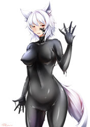 Rule 34 | 1girl, animal ear fluff, animal ears, artist name, bad id, bad pixiv id, black bodysuit, bodysuit, breasts, collarbone, commentary request, corruption, covered erect nipples, covered navel, cowboy shot, groin, hair between eyes, hand up, highres, inubashiri momiji, inyuppo, latex, latex bodysuit, looking at viewer, medium breasts, navel, no headwear, parted lips, red eyes, shiny clothes, short hair, signature, silver hair, simple background, skin tight, solo, standing, stomach, tail, thighs, touhou, white background, wolf ears, wolf tail