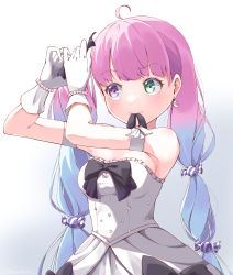 Rule 34 | 1girl, absurdres, ahoge, black bow, black ribbon, blue hair, blush, bow, breasts, candy hair ornament, closed mouth, crescent, crescent earrings, dress, earrings, food-themed hair ornament, frilled dress, frills, gloves, gradient hair, green eyes, hair ornament, highres, himemori luna, himemori luna (4th costume), holding, holding ribbon, hololive, jewelry, long hair, medium breasts, mouth hold, multicolored hair, pink hair, purple eyes, ribbon, ribbon in mouth, solo, strapless, strapless dress, syafiqmstr, twintails, tying hair, virtual youtuber, white dress, white gloves