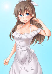 Rule 34 | 1girl, alternate costume, anti (untea9), breasts, brown hair, brown skirt, dress, highres, kantai collection, kumano (kancolle), long hair, looking at viewer, medium breasts, open mouth, ponytail, skirt, smile, solo, white dress