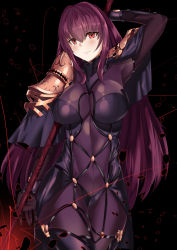 Rule 34 | 1girl, armor, bodysuit, breasts, covered navel, dark background, fate/grand order, fate (series), gae bolg (fate), hair intakes, highres, holding, holding weapon, kurozawa yui, large breasts, leotard, long hair, looking at viewer, parted lips, pauldrons, petals, polearm, purple bodysuit, purple hair, purple leotard, red eyes, scathach (fate), shoulder armor, smile, solo, spear, weapon
