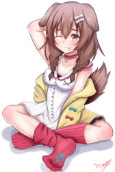 Rule 34 | 1girl, ;p, absurdres, animal ears, blush, bone hair ornament, boppin, collar, crossed legs, dog ears, dog girl, dog tail, feet, hair ornament, highres, hololive, inugami korone, inugami korone (1st costume), no shoes, one eye closed, red socks, simple background, socks, soles, solo, tail, tongue, tongue out, virtual youtuber, white background