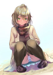 Rule 34 | 1girl, absurdres, ahoge, alternate costume, blush, brown coat, brown hair, brown sweater, casual, coat, green eyes, highres, hololive, hololive english, kon (07263545), loafers, looking at viewer, multicolored hair, nanashi mumei, panties, pantyshot, plaid, plaid scarf, pleated skirt, scarf, shoes, short hair, skirt, streaked hair, striped clothes, striped panties, sweater, thighhighs, underwear, virtual youtuber