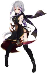 Rule 34 | 1girl, black footwear, black gloves, black thighhighs, brown eyes, clair lasbard, closed mouth, dagger, dual wielding, elbow gloves, fingerless gloves, gloves, grey hair, hair ribbon, holding, holding dagger, holding knife, holding weapon, knife, kujou ichiso, long hair, looking at viewer, official art, purple ribbon, reverse grip, ribbon, scarf, shoes, smile, solo, star ocean, star ocean anamnesis, star ocean till the end of time, striped clothes, striped scarf, tattoo, thighhighs, tress ribbon, weapon, white background
