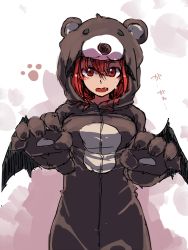 Rule 34 | 1girl, animal costume, animal ears, bat wings, bear costume, blush, commentary request, cowboy shot, fake animal ears, fang, futatsuki eru, head wings, koakuma, long hair, looking at viewer, open mouth, paw pose, paw print, pun, red eyes, red hair, simple background, solo, touhou, translation request, white background, wings