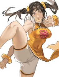 Rule 34 | 1girl, absurdres, bare shoulders, black hair, bracelet, breasts, brown eyes, china dress, chinese clothes, dress, fighting stance, hanny (uirusu chan), highres, jewelry, knee up, ling xiaoyu, medium breasts, orange bracelet, orange dress, pelvic curtain, shorts, solo, tekken, twintails, white shorts