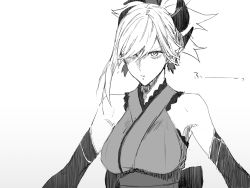 Rule 34 | 1girl, armpits, bare shoulders, earrings, elbow gloves, fate/grand order, fate (series), gloves, greyscale, hair between eyes, hair ornament, hair over one eye, japanese clothes, jewelry, kimono, long hair, miyamoto musashi (fate), miyamoto musashi (first ascension) (fate), monochrome, nakuta, ponytail, shaded face, sidelocks, simple background, sleeveless, solo, white background