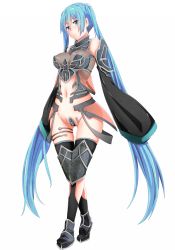 Rule 34 | 1girl, bad id, bad pixiv id, blue eyes, blue hair, detached sleeves, hatsune miku, highres, jack dempa, long hair, matching hair/eyes, navel, simple background, sleeves past wrists, solo, thigh gap, thighhighs, twintails, very long hair, vocaloid, white background