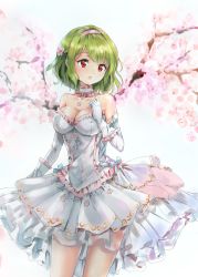 Rule 34 | 1girl, :o, alternate costume, branch, breasts, cherry blossoms, choker, cleavage, commentary request, covered navel, cowboy shot, dress, elbow gloves, flower, frilled choker, frilled dress, frilled gloves, frills, gloves, green hair, hair flower, hair ornament, hairband, hand on own chest, hand up, kazami yuuka, large breasts, layered dress, looking at viewer, open mouth, pink flower, pink hairband, red eyes, shironeko yuuki, short hair, simple background, solo, standing, strapless, strapless dress, thighs, touhou, white background, white choker, white dress, white gloves
