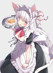 Rule 34 | 1girl, :d, animal ears, apron, black dress, blush, brown eyes, cat ears, cat girl, cat tail, commentary, dress, fang, food, frilled apron, frilled dress, frills, grey background, hair between eyes, hair ribbon, highres, holding, holding tray, long hair, looking at viewer, omelet, omurice, open mouth, original, plate, ponytail, puffy short sleeves, puffy sleeves, red ribbon, ribbon, romaji commentary, shiro youduki, short sleeves, simple background, smile, solo, tail, tray, very long hair, white apron, white hair, wrist cuffs