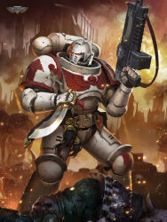 Rule 34 | 3boys, absurdres, adeptus astartes, armor, armored boots, bolter, boots, commentary, copyright name, death, dual wielding, english commentary, full body, gun, helmet, highres, holding, holding gun, holding knife, holding weapon, knife, multiple boys, official art, orc, ork (warhammer), outdoors, pauldrons, reverse grip, shoulder armor, skull, solo focus, space marine, standing, warhammer 40k, wax seal, weapon, white scars, zhanghan