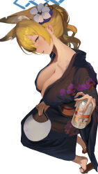 Rule 34 | 1girl, absurdres, animal ears, asymmetrical bangs, beer can, black kimono, blonde hair, blue archive, blush, breasts, can, cleavage, collarbone, drink can, floral print, flower, fox ears, hair flower, hair ornament, hair over one eye, halo, hand fan, highres, holding, holding can, invisible chair, japanese clothes, kanna (blue archive), kimono, large breasts, looking at viewer, paper fan, ponytail, profile, sadan1317, sidelocks, simple background, sitting, solo, sweatdrop, wavy hair, white background, yukata