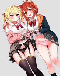 Rule 34 | 2girls, ahoge, animal ears, black panties, black socks, black thighhighs, blonde hair, blush, bow, bow panties, bowtie, braid, breasts, cardigan, closed mouth, clothes lift, commentary request, commission, cowboy shot, dutch angle, festa11307070, flashing, garter belt, grey background, grey skirt, hair intakes, hoshikawa sara, hoshikawa sara (4th costume), jacket, lace, lace-trimmed panties, lace trim, large breasts, lifting own clothes, looking at viewer, miniskirt, multiple girls, navel, nijisanji, official alternate costume, open cardigan, open clothes, open jacket, open mouth, orange eyes, paid reward available, panties, pink cardigan, pink panties, plaid, plaid skirt, pleated skirt, ratna petit, ratna petit (5th costume), red bow, red bowtie, red eyes, red hair, school uniform, shirt, short hair, side-by-side, signature, simple background, skeb commission, skirt, skirt lift, smile, socks, thighhighs, twintails, two-tone eyes, underwear, virtual youtuber, white shirt