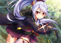 Rule 34 | 1girl, black jacket, breasts, flower knight girl, jacket, karatachi (flower knight girl), long hair, looking at viewer, mizunashi (second run), ponytail, red eyes, skirt, smile, solo, sword, thighhighs, weapon, white hair